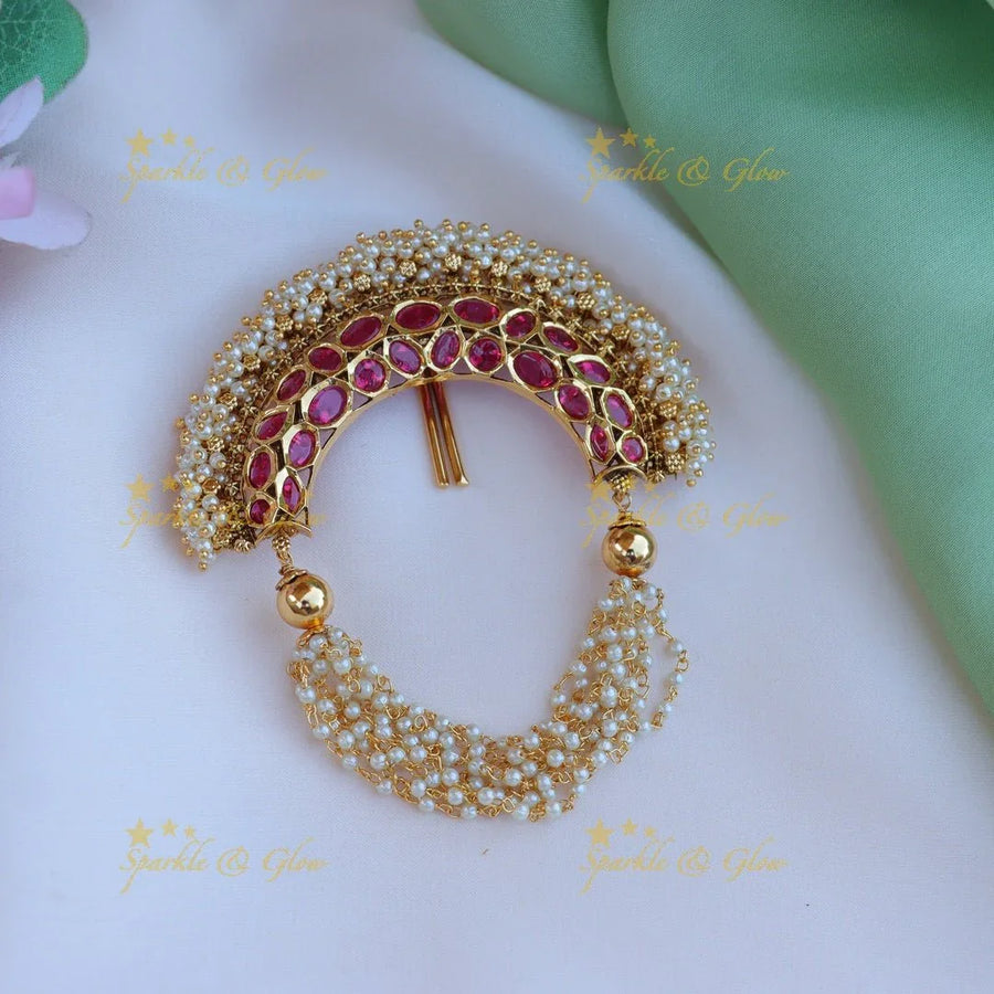 Stunning half moon shaped pearl and kemp stone hair pin - Sparkle and Glow