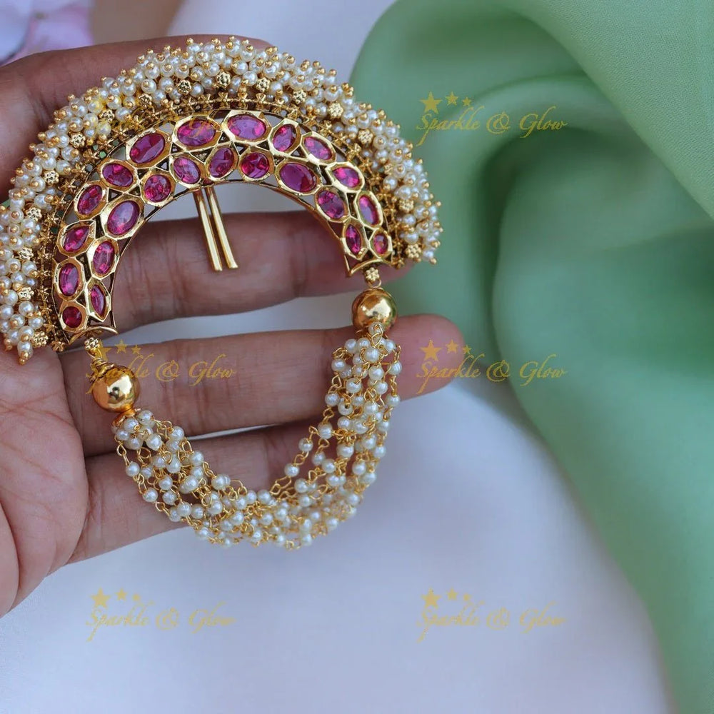 Stunning half moon shaped pearl and kemp stone hair pin - Sparkle and Glow
