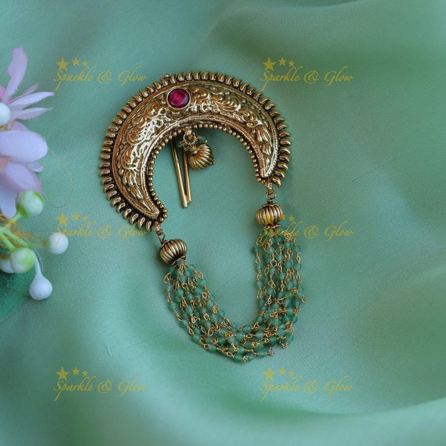 Gorgeous half moon shaped green beads hair pin - Green - Sparkle and Glow