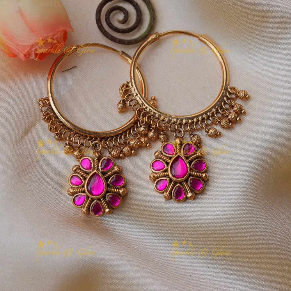 Traditional loop type jadau earrings - Pink - Sparkle and Glow - Pink - 