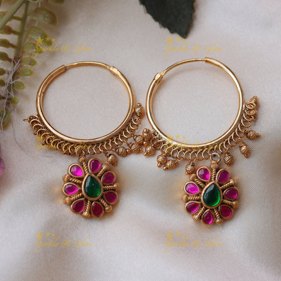Traditional loop type jadau earrings - Pink - Sparkle and Glow - Pink Green - 