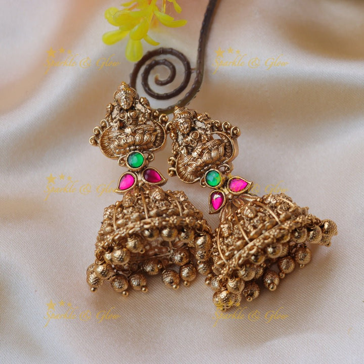 Gracious Idol Lakshmi carved Jadau jhumukas with gold beads - Green and pink - Sparkle and Glow - Green pink - 