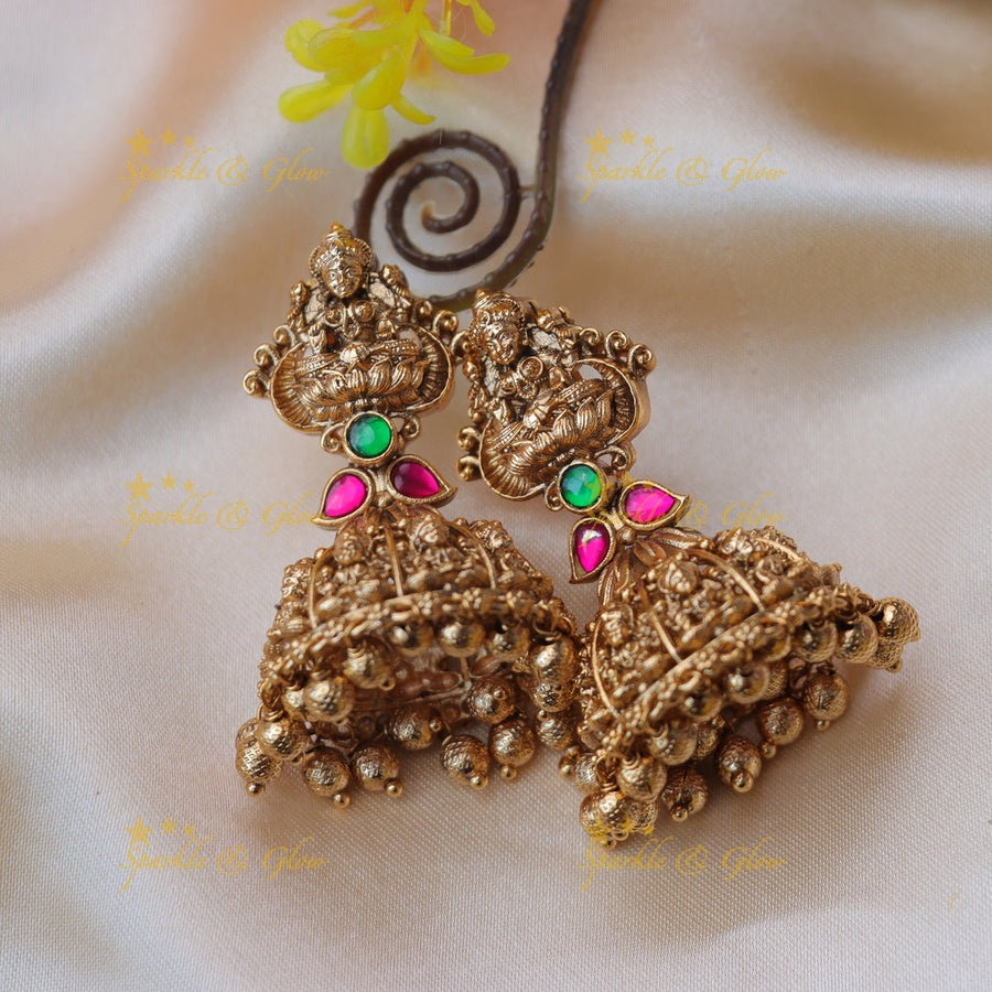 Gracious Idol Lakshmi carved Jadau jhumukas with gold beads - Green and pink - Sparkle and Glow - Green pink - 