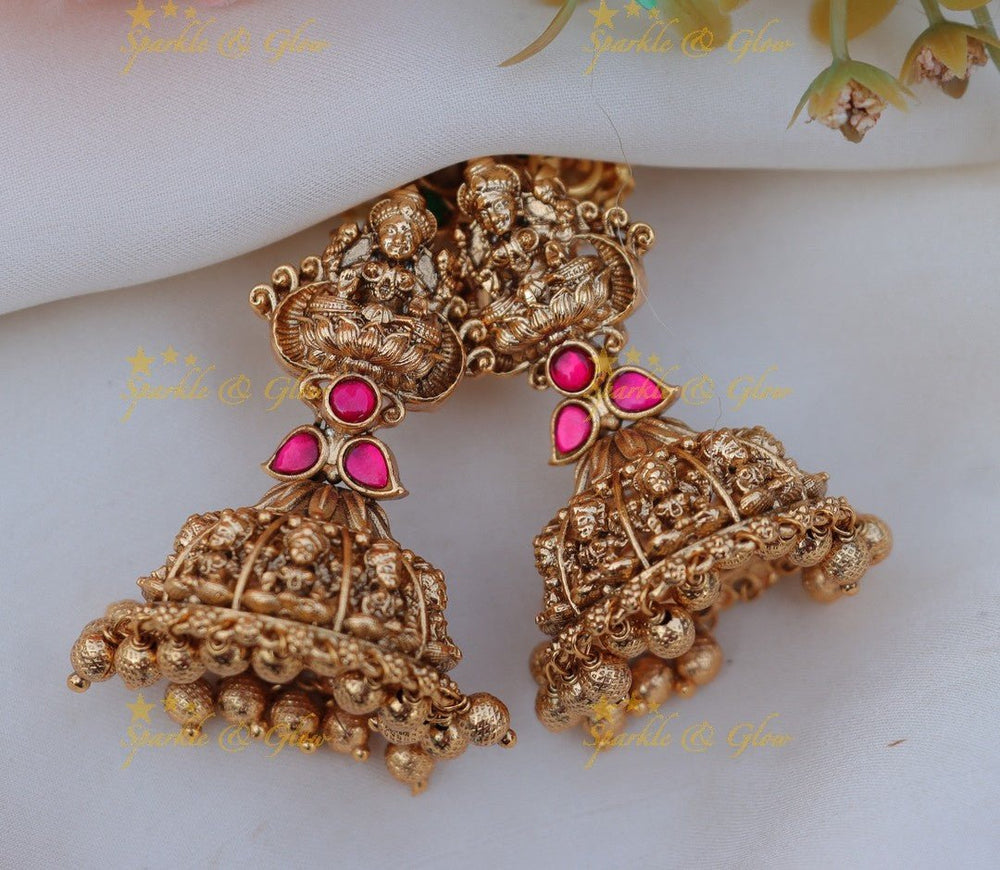 Gracious Idol Lakshmi carved Jadau jhumukas with gold beads - Green and pink - Sparkle and Glow - Pink - 