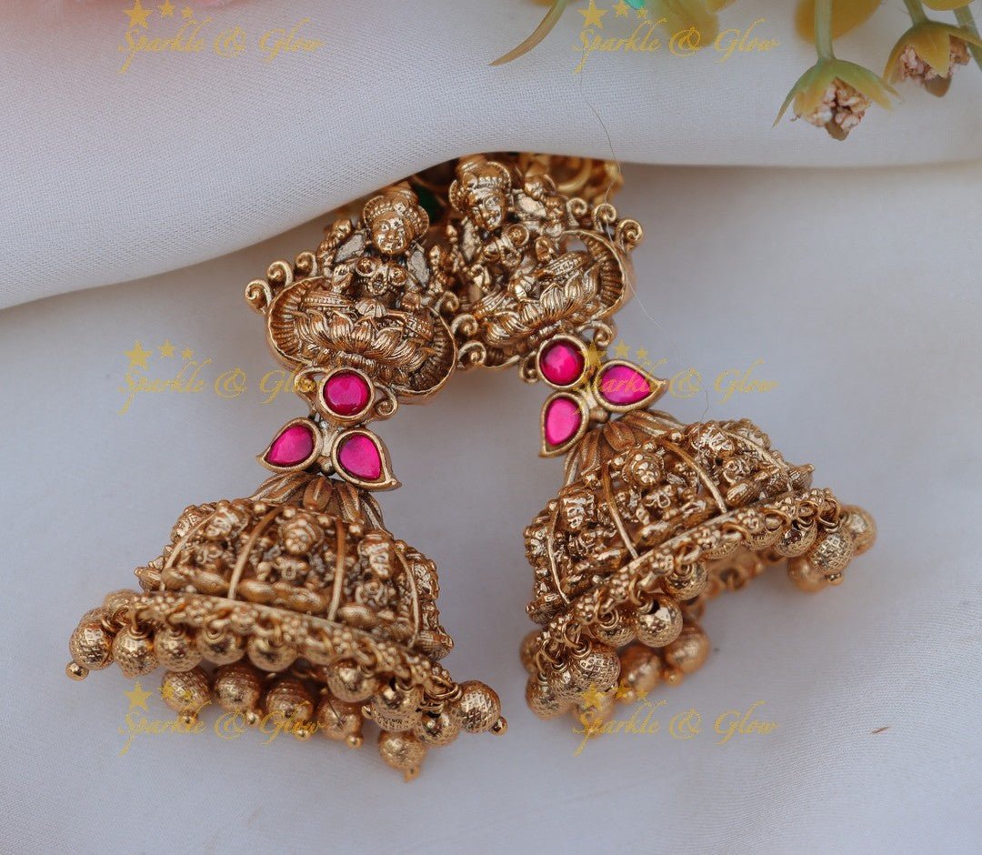 Gracious Idol Lakshmi carved Jadau jhumukas with gold beads - Green and pink - Sparkle and Glow - Pink - 