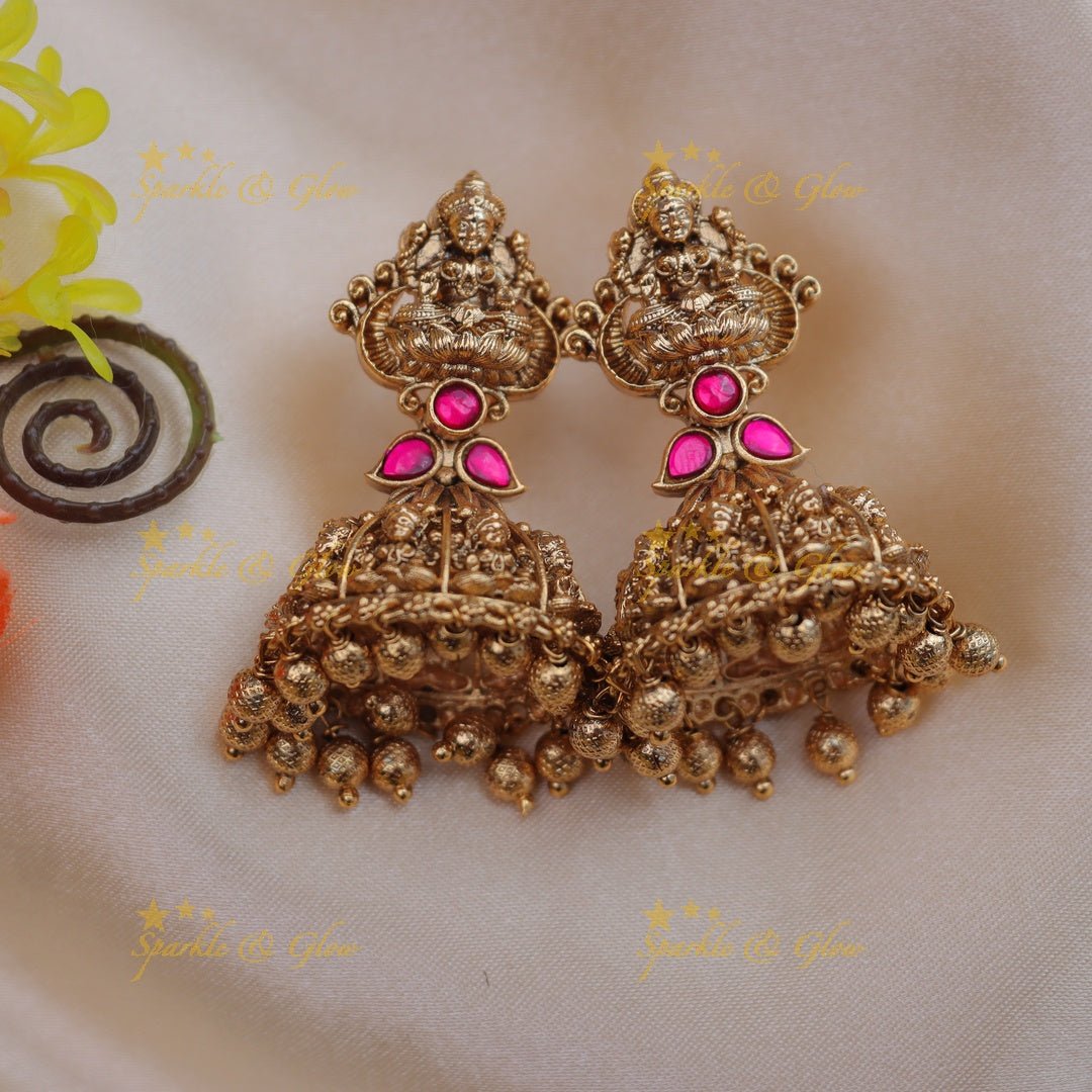 Gracious Idol Lakshmi carved Jadau jhumukas with gold beads - Green and pink - Sparkle and Glow - Pink - 