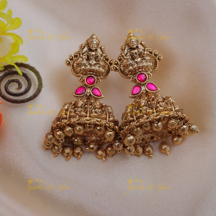 Gracious Idol Lakshmi carved Jadau jhumukas with gold beads - Green and pink - Sparkle and Glow - Pink - 