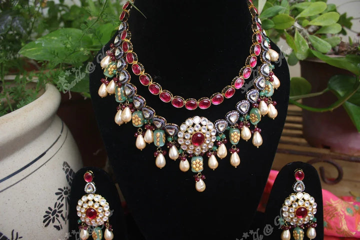 Statement layer kemp and pearl drops kundan necklace - Sparkle and Glow