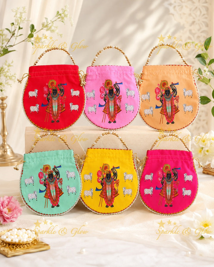 Shreenath Ji Gold Beaded Potli Bags - Set of 10