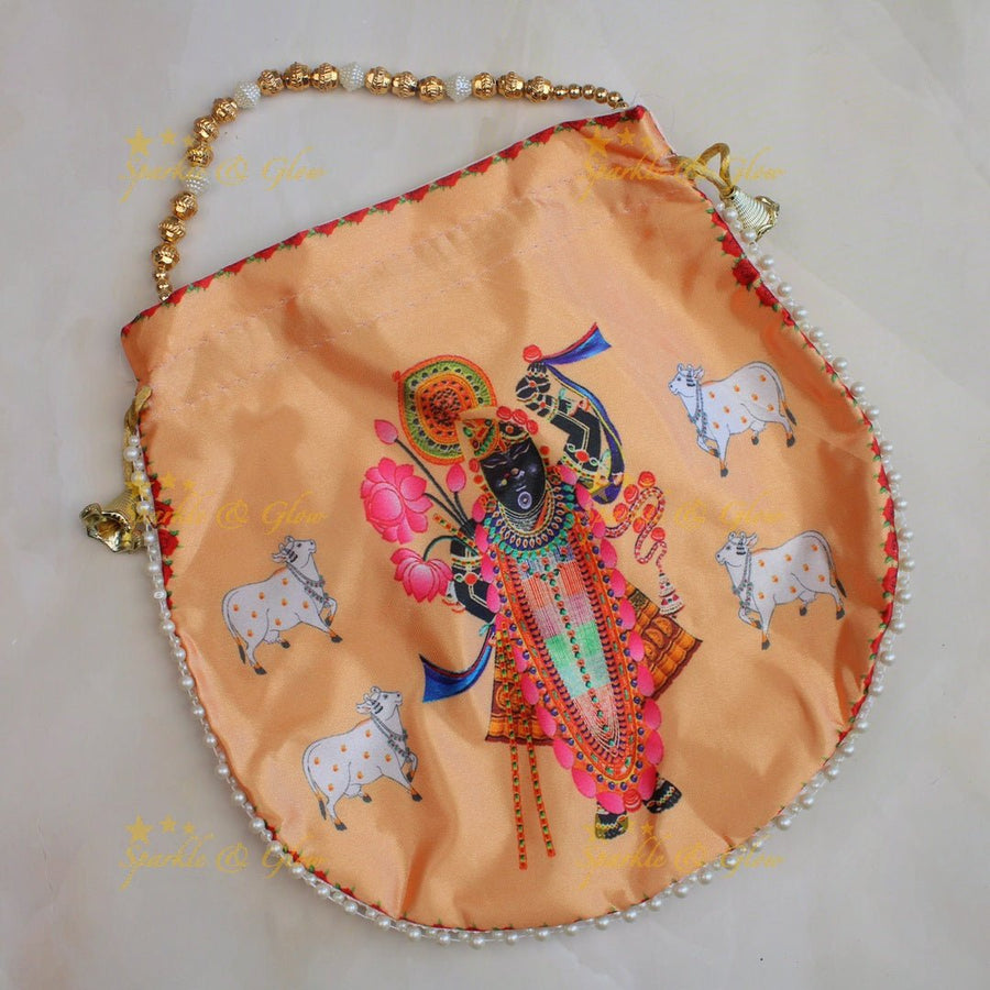 Beautiful shreenath ji printed potli bags with gold beads - set of 10 - Assorted colours for return gifts - Sparkle and Glow - 