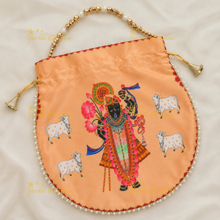 Shreenath Ji Gold Beaded Potli Bags - Set of 10