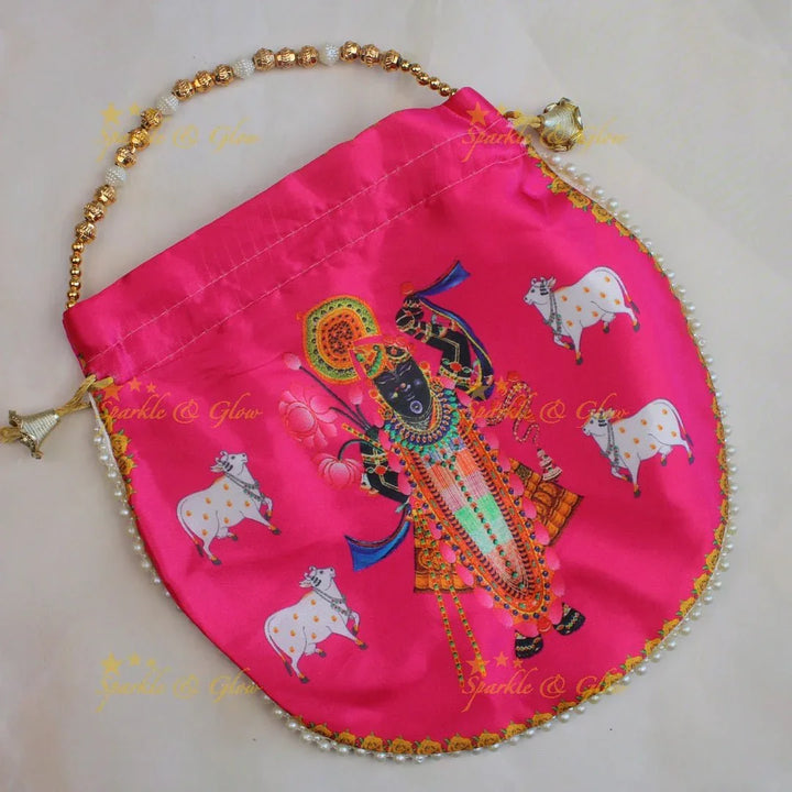 Beautiful shreenath ji printed potli bags with gold beads - set of 10 - Assorted colours for return gifts - Sparkle and Glow