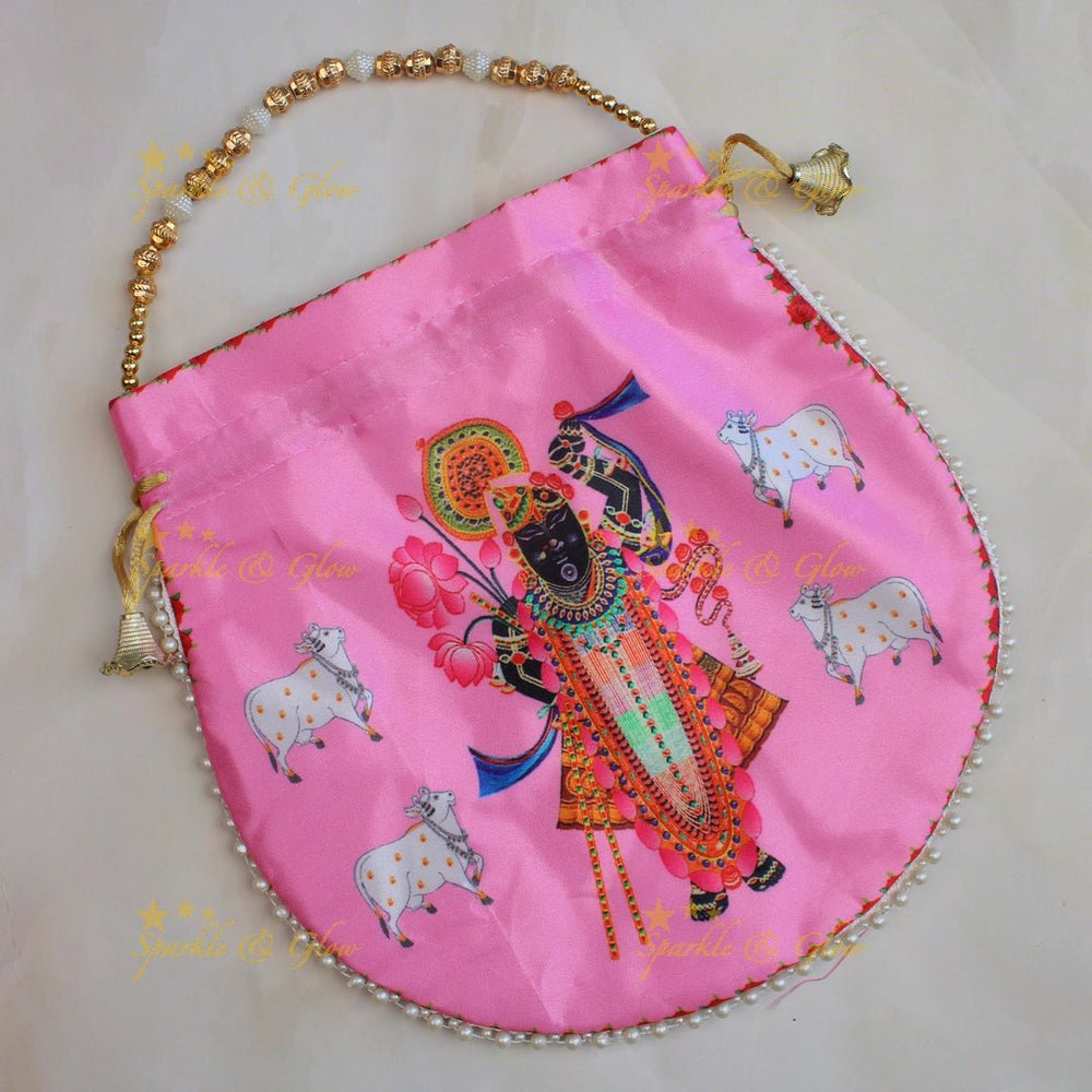 Beautiful shreenath ji printed potli bags with gold beads - set of 10 - Assorted colours for return gifts - Sparkle and Glow - 