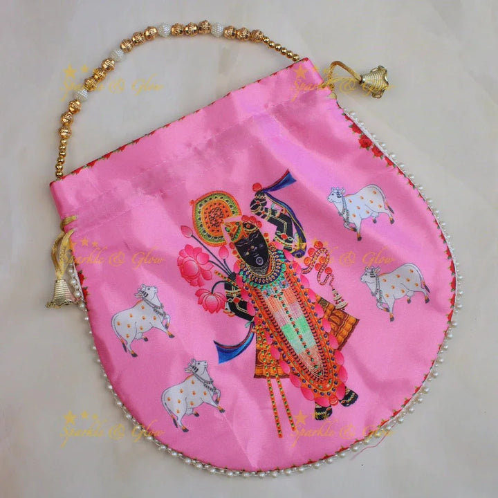 Beautiful shreenath ji printed potli bags with gold beads - set of 10 - Assorted colours for return gifts - Sparkle and Glow