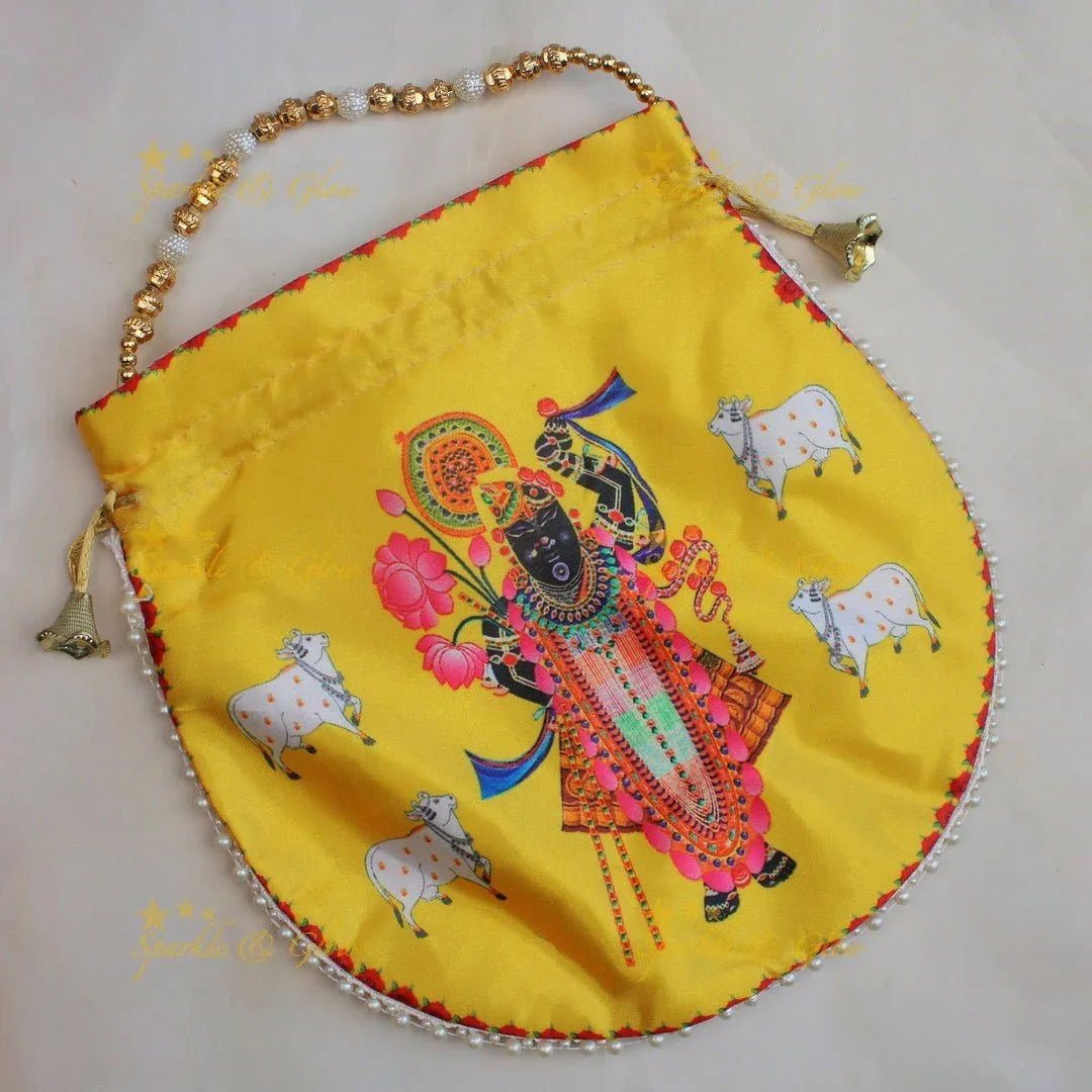 Beautiful shreenath ji printed potli bags with gold beads - set of 10 - Assorted colours for return gifts - Sparkle and Glow