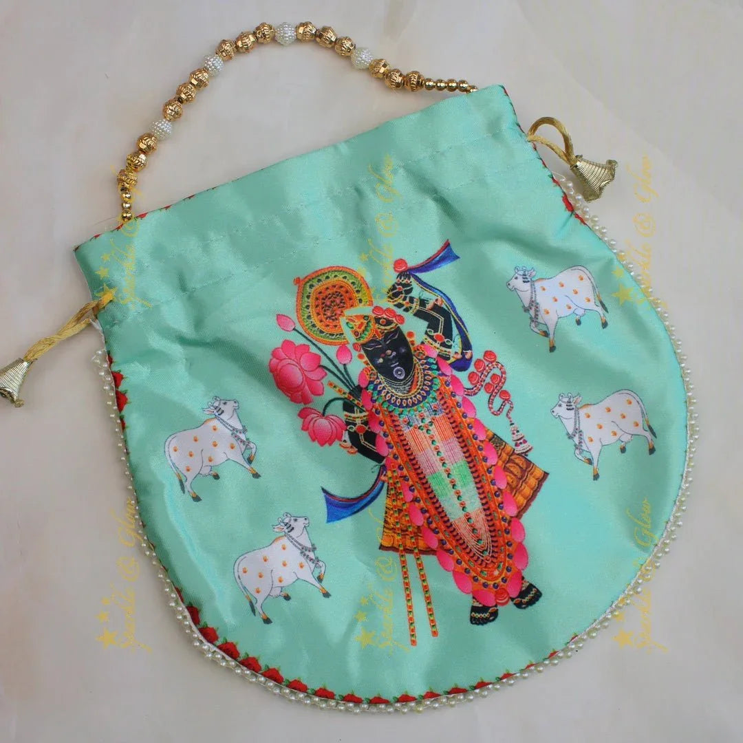Beautiful shreenath ji printed potli bags with gold beads - set of 10 - Assorted colours for return gifts - Sparkle and Glow