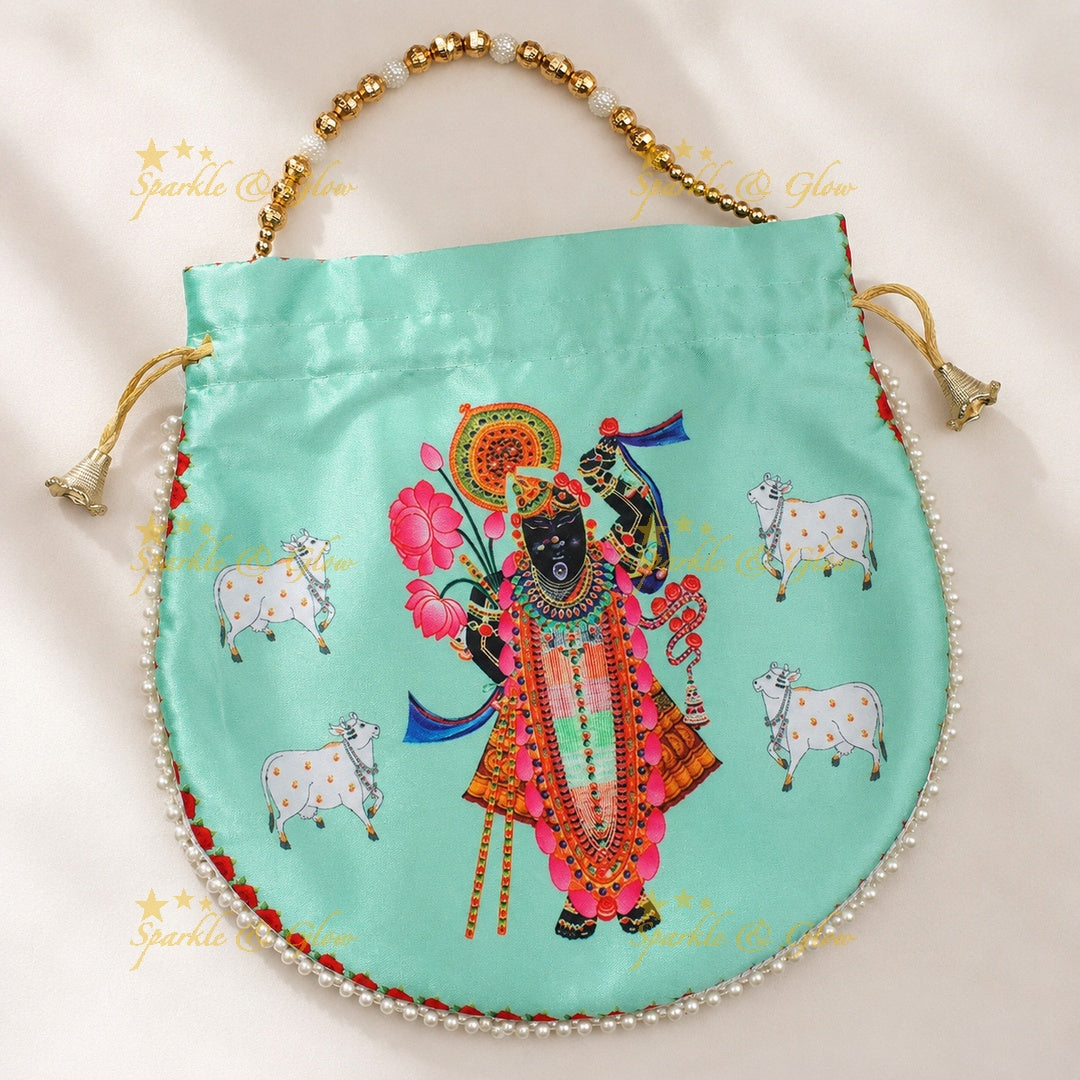 Shreenath Ji Gold Beaded Potli Bags - Set of 10