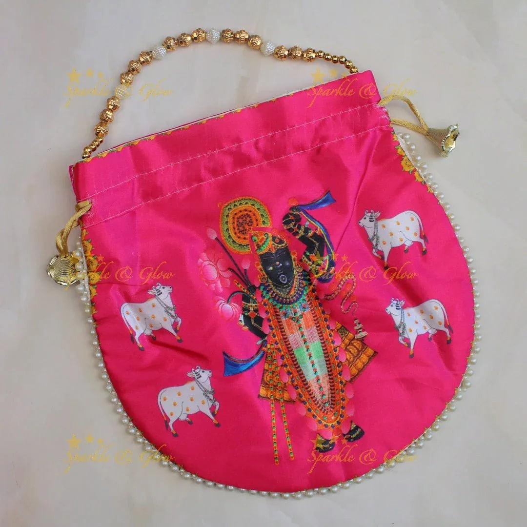 Beautiful shreenath ji printed potli bags with gold beads - set of 10 - Assorted colours for return gifts - Sparkle and Glow