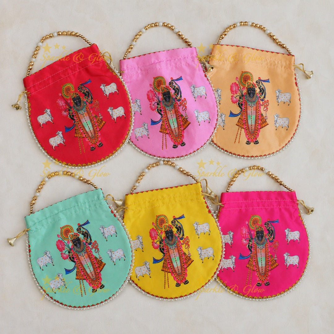 Shreenath Ji Gold Beaded Potli Bags - Set of 10