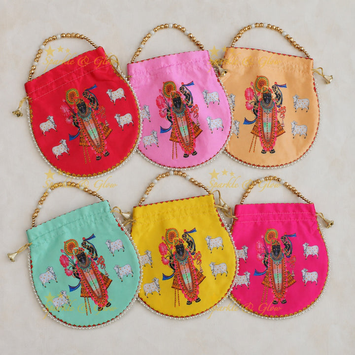 Shreenath Ji Gold Beaded Potli Bags - Set of 10