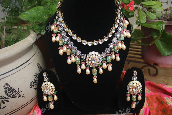 Statement layer kemp and pearl drops kundan necklace - Sparkle and Glow
