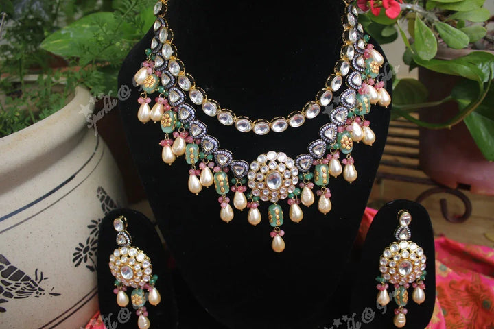 Statement layer kemp and pearl drops kundan necklace - Sparkle and Glow