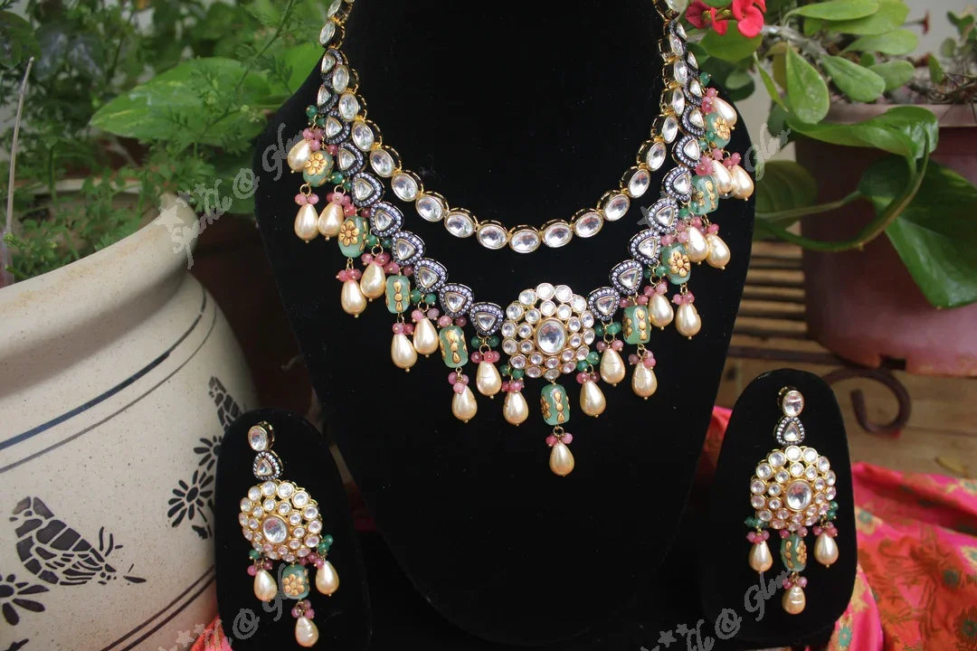 Statement layer kemp and pearl drops kundan necklace - Sparkle and Glow
