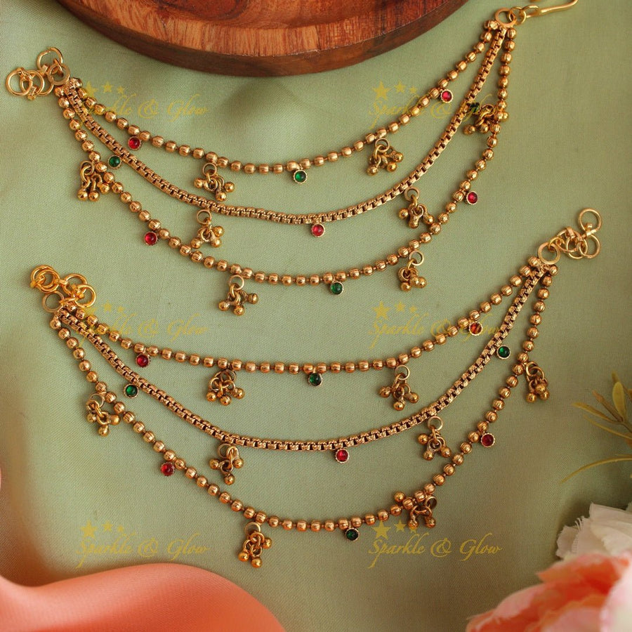 Statement Gold alike Dotted Three layered Earchain with gold beads - Sparkle and Glow - 