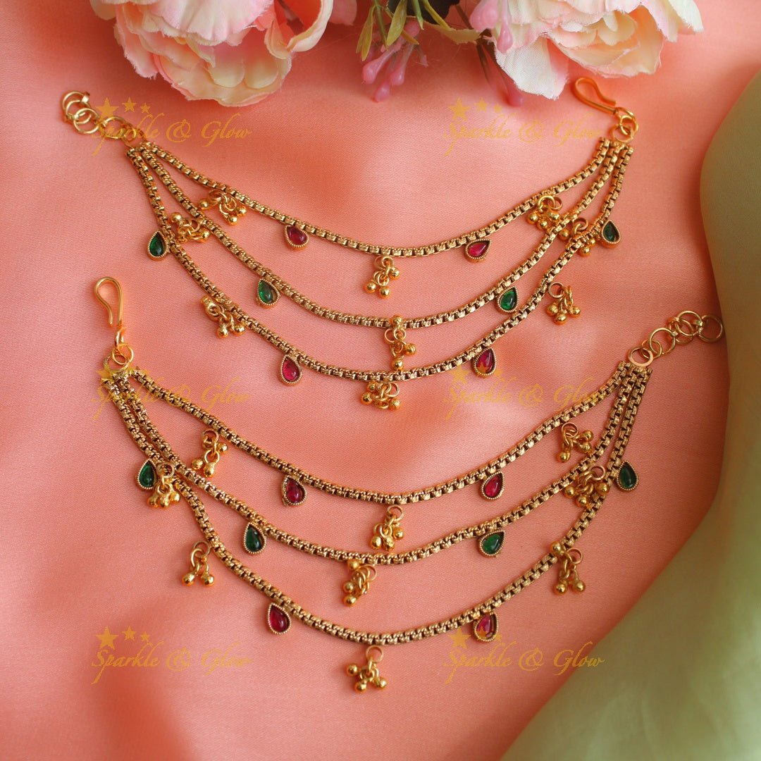 Statement Gold alike Oval design Three layered Earchain with gold beads - Sparkle and Glow - 