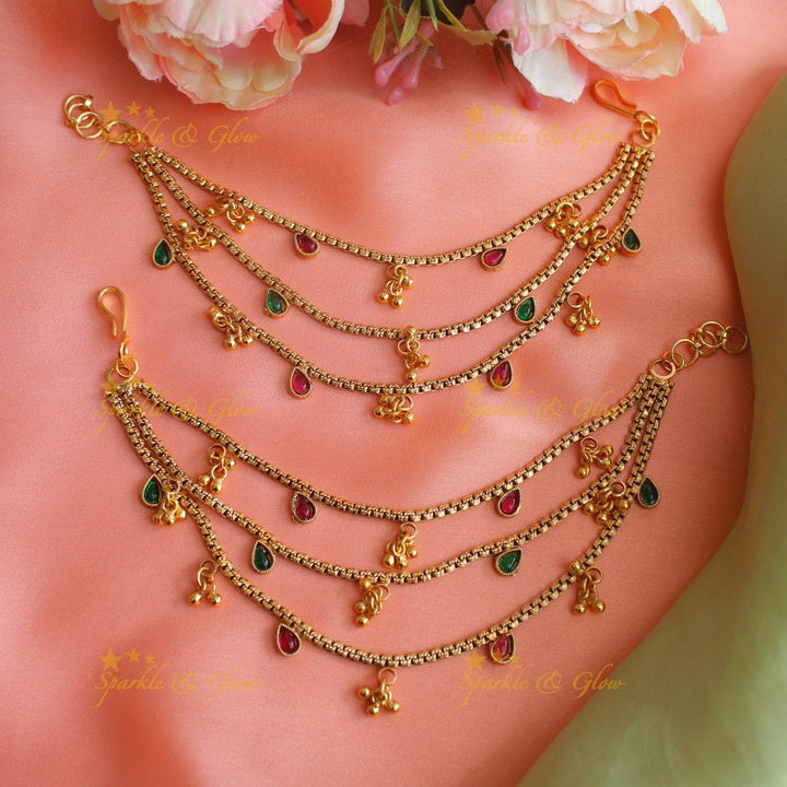Statement Gold alike Oval design Three layered Earchain with gold beads - Sparkle and Glow - 