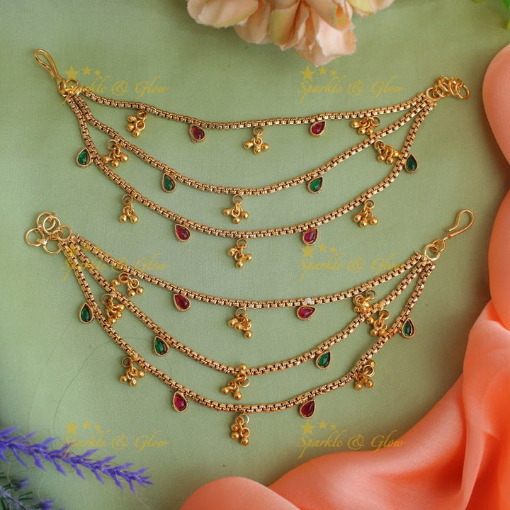 Statement Gold alike Oval design Three layered Earchain with gold beads - Sparkle and Glow - 