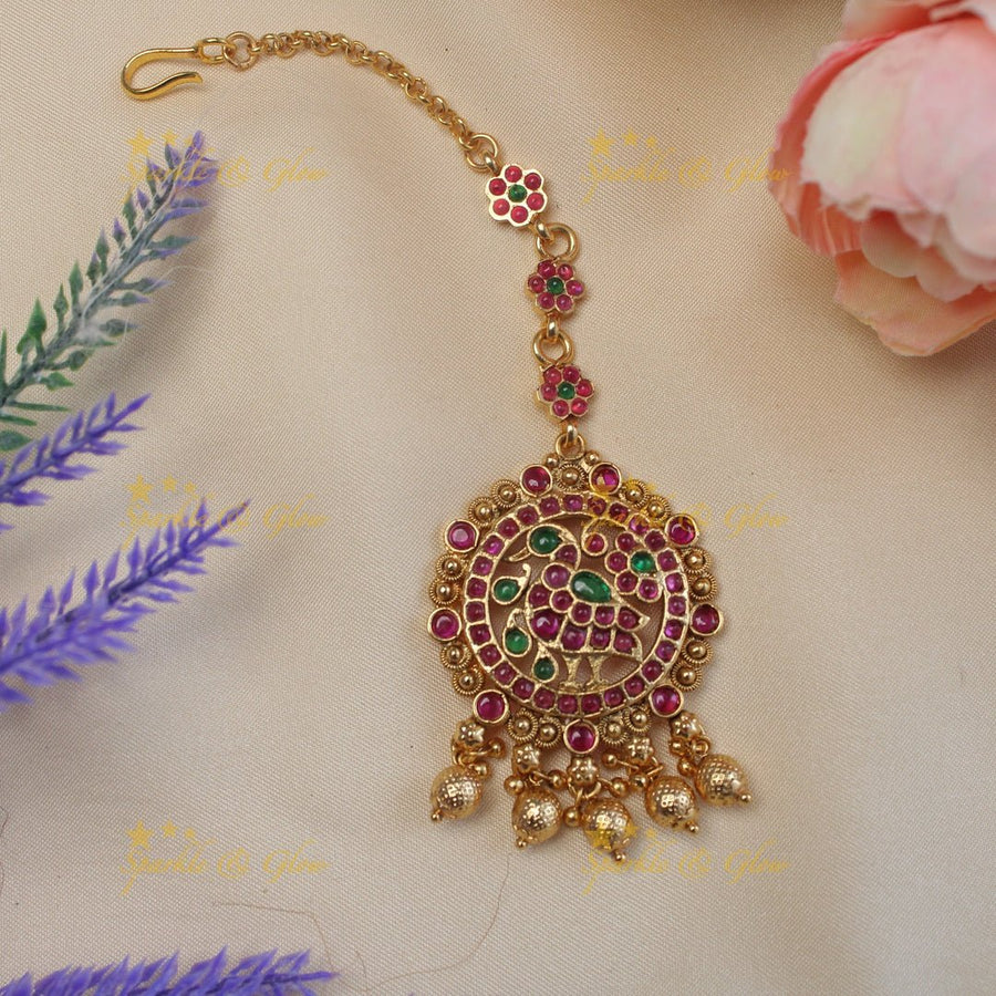 Beautiful peacock design and gold beads maang tikka - Sparkle and Glow - 