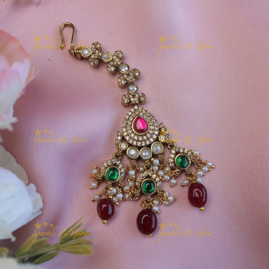 Gorgeous victorian multi colour with green beads maang tikka - Red - Sparkle and Glow - 