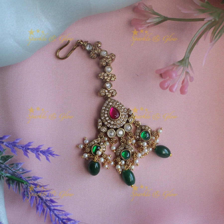Gorgeous victorian multi colour with green beads maang tikka - Green - Sparkle and Glow - 