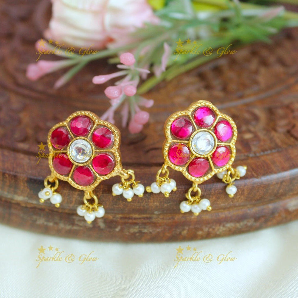 Beautiful floral jadau fusion bugadi earrings - Pink - Sparkle and Glow - Pink - 