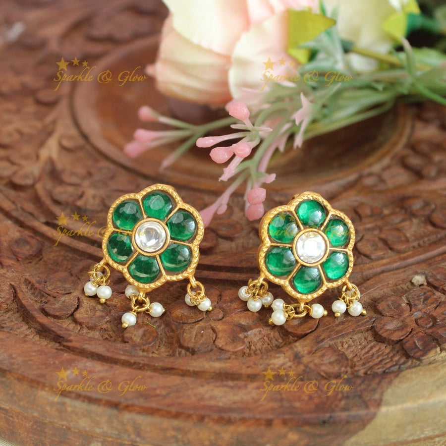 Beautiful floral jadau fusion bugadi earrings - Pink - Sparkle and Glow - Green - 