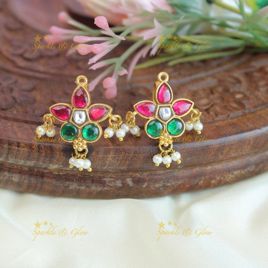 Stunning multi colour jadau stone flower design bugadi earrings - Sparkle and Glow - 