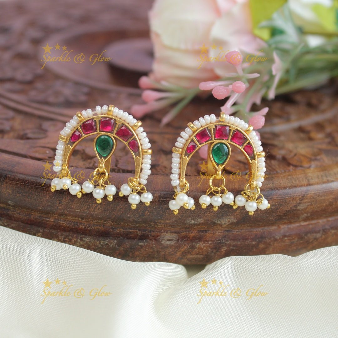 Pretty half moon shaped multi colour jadau stones and pearl bugadi earrings - Sparkle and Glow - 