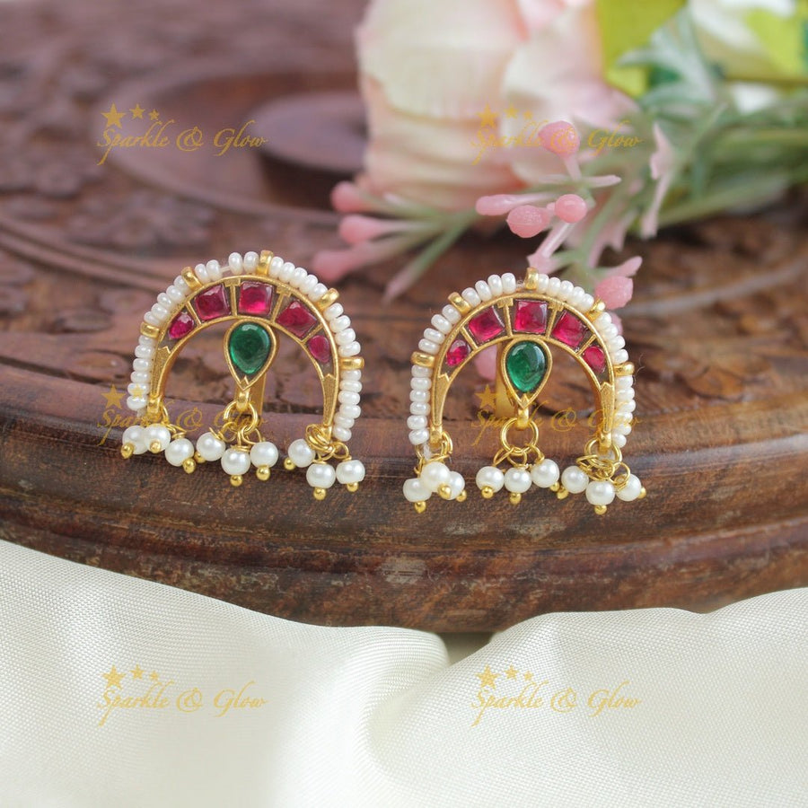 Pretty half moon shaped multi colour jadau stones and pearl bugadi earrings - Sparkle and Glow - 