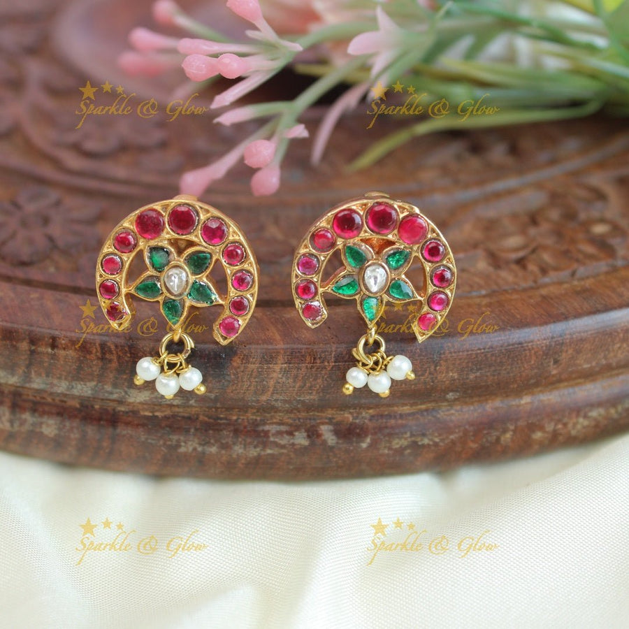Elegant half moon shaped flower design jadau stone bugadi earrings - Sparkle and Glow - 