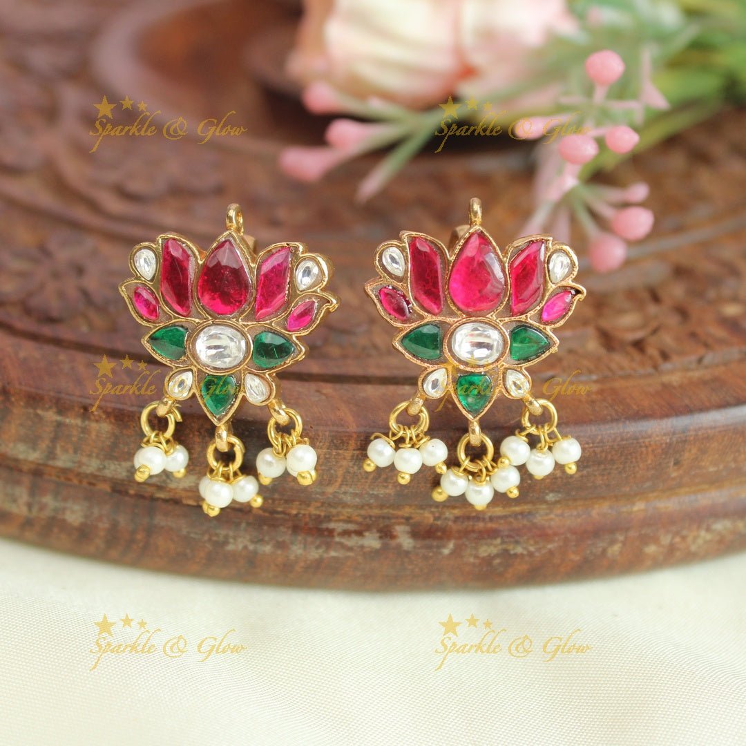 Beautiful multi colour jadau stones lotus design bugadi earrings - Sparkle and Glow - 