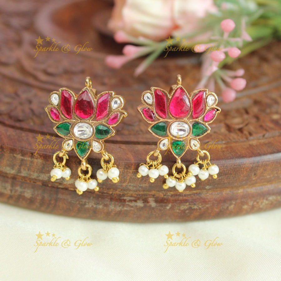 Beautiful multi colour jadau stones lotus design bugadi earrings - Sparkle and Glow - 