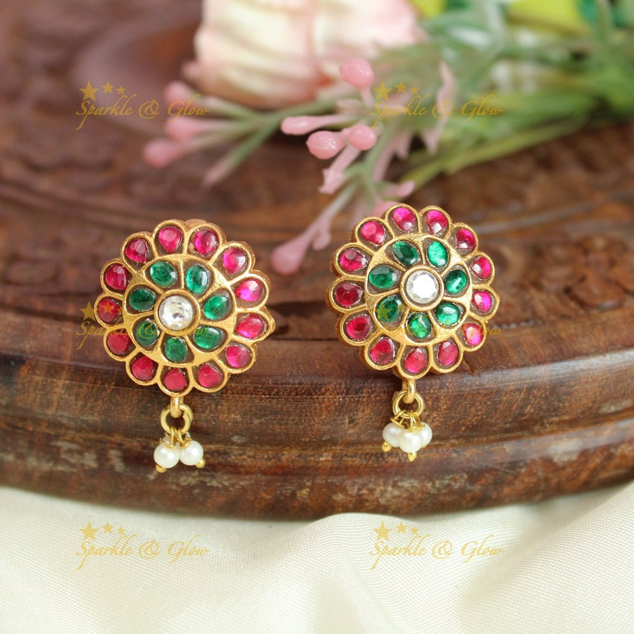 Gorgeous multi colour flower design jadau stones bugadi earrings - Sparkle and Glow - 