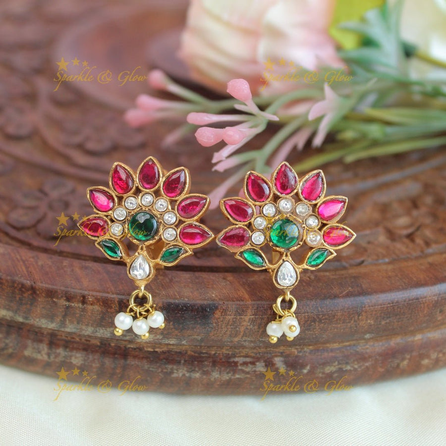 Stunning multi colour jadau stone flower design bugadi earrings - Sparkle and Glow - 