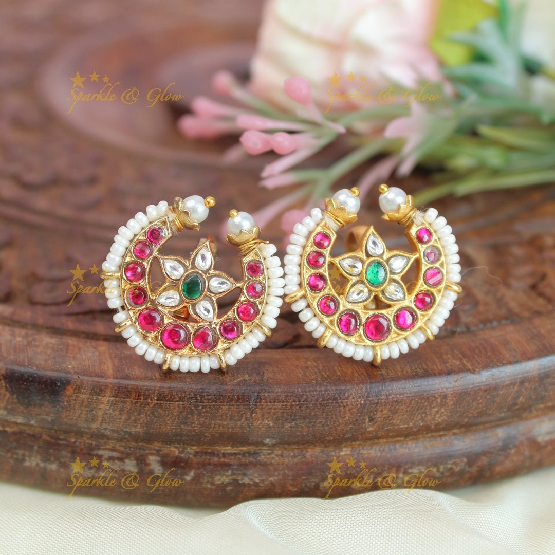 Stunning half moon and floral jadau fusion bugadi earrings - Sparkle and Glow - 
