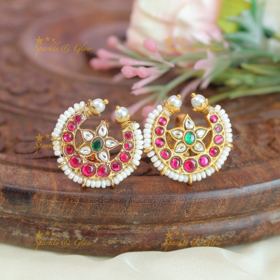 Stunning half moon and floral jadau fusion bugadi earrings - Sparkle and Glow - 