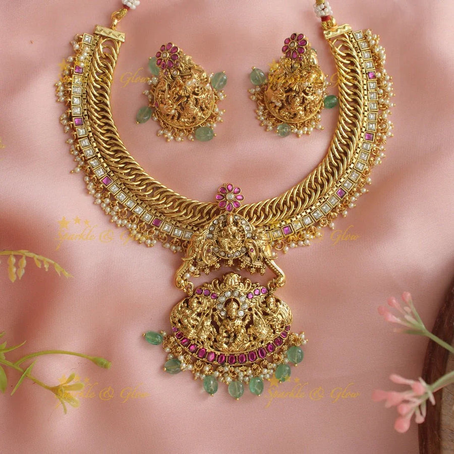 Stunning lakshmi elephant carved jadau guttapusalu short necklace with mint green beads - Sparkle and Glow
