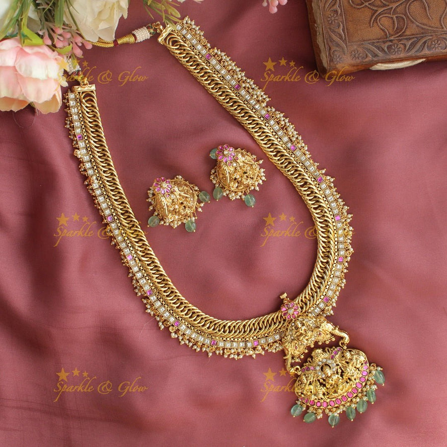 Stunning lakshmi elephant carved jadau guttapusalu long necklace with mint green beads - Sparkle and Glow - Back Thread - 