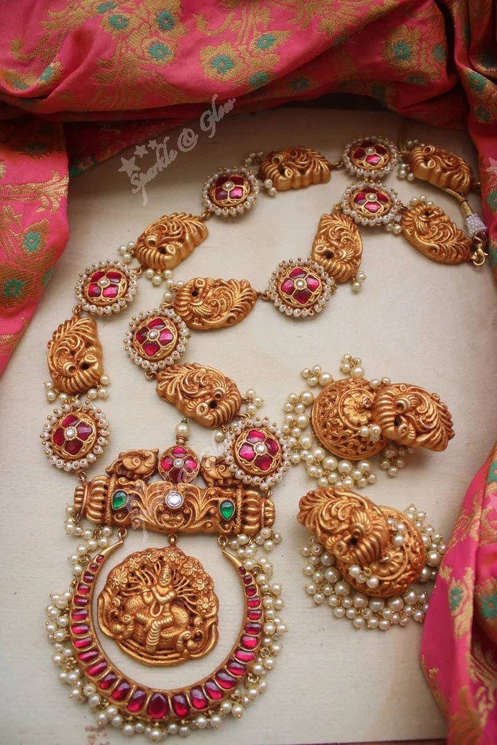 92.5 silver look alike geru gold polished peacock and lakshmi carved haram -PREORDER, Takes upto 15 days to make, cancellation not allowed - Sparkle and Glow