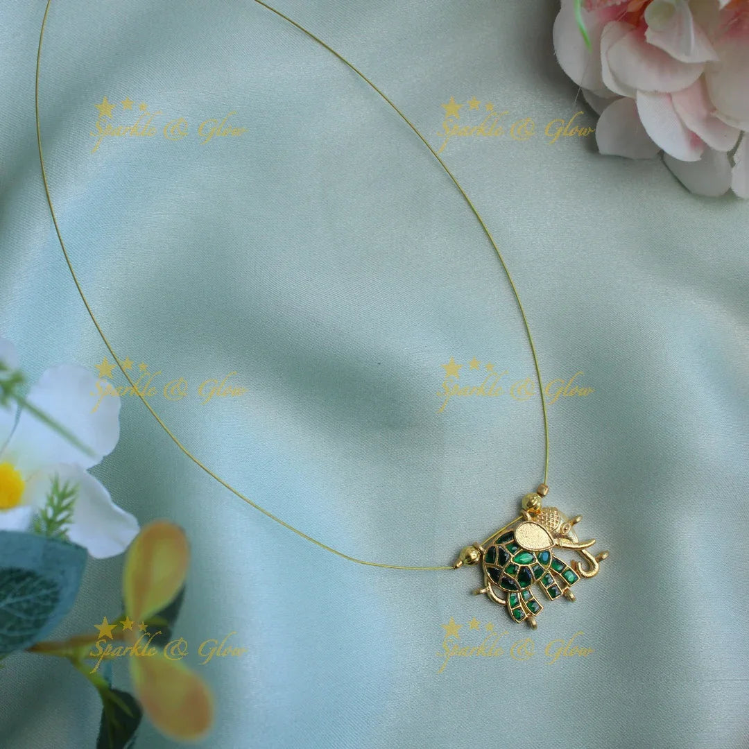 Gorgeous elephant design jadau stone pendant with invisible chain short necklace - Pink and white - Sparkle and Glow